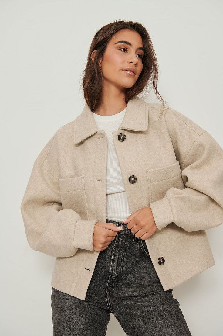 Wool Blend Oversized Short Jacket Beige